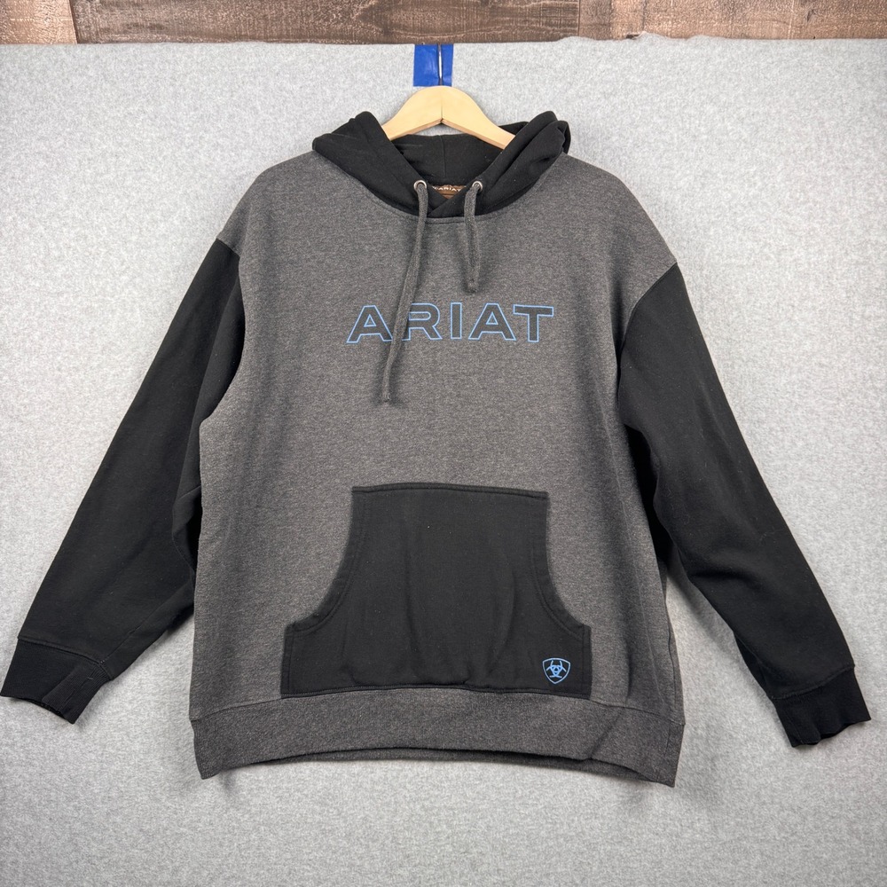 Ariat Hoodie Mens Large Grey Black Colorblock Logo Fleece Pullover Sweatshirt